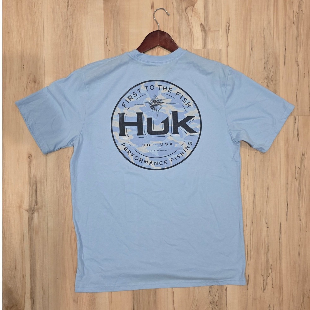 Huk Performance Fishing Mens Blue Short Sleeve Pocket T-Shirt Size M Marlin Camo